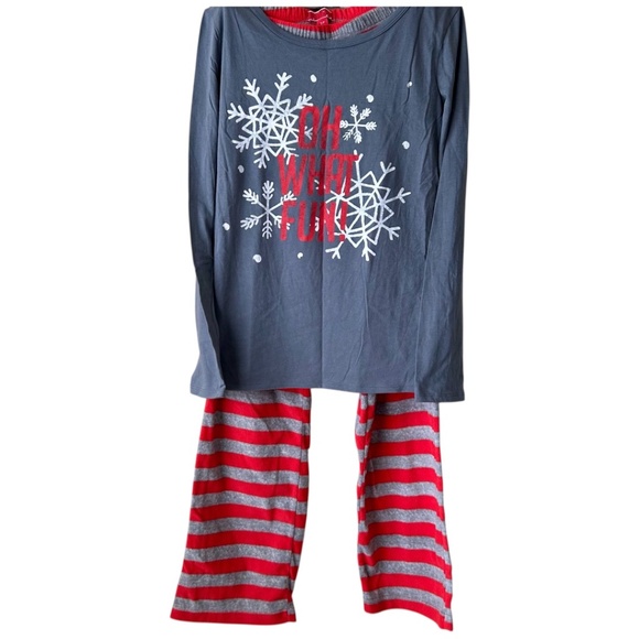 Holiday PJs Set Oh What Fun Gray Red Stripe Snowflake Fleece Long Sleeve Small - Picture 1 of 16
